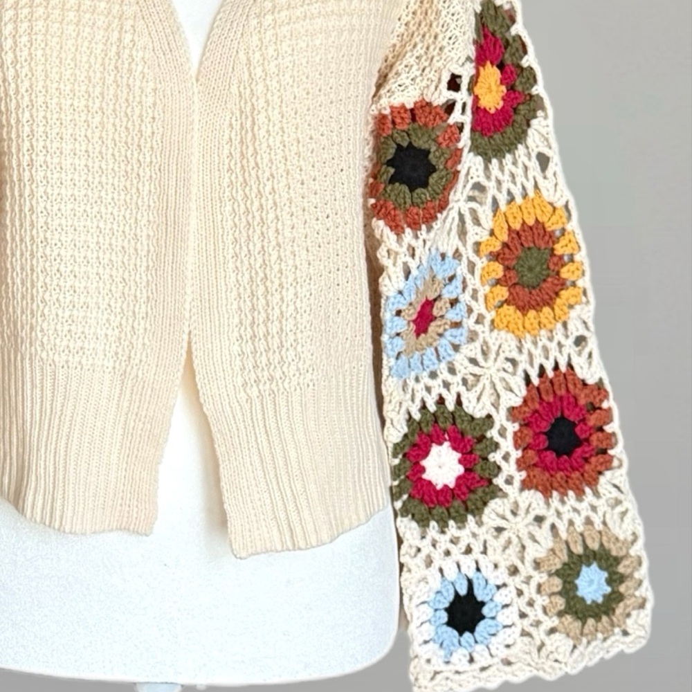 Boho Crochet Granny Square Sleeve Cardigan Cream Open Knit Sweater Size Small - Picture 16 of 16